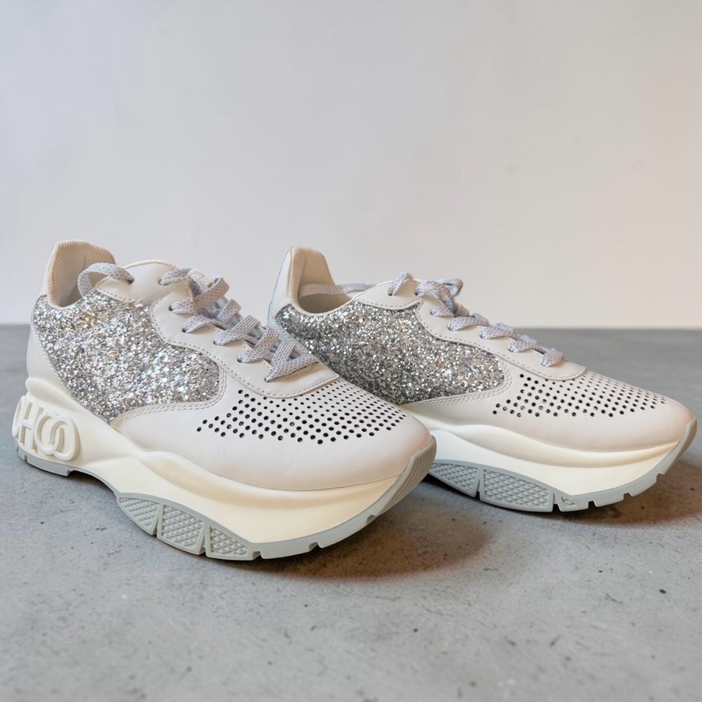 Jimmy Choo Raine White Silver Glitter Chunky Sneakers EU 40 US 9–9.5
